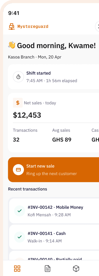 Mystoreguard cashier dashboard on a phone