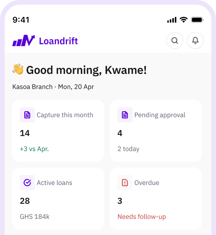 Loandrift field agent dashboard on a phone